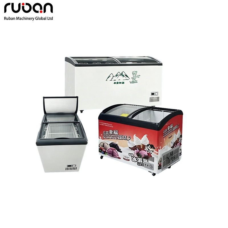 خزانة عرض آيس كريم ذات سطح زجاجي منحني، ثلاجة عرض تجارية. - Ruban